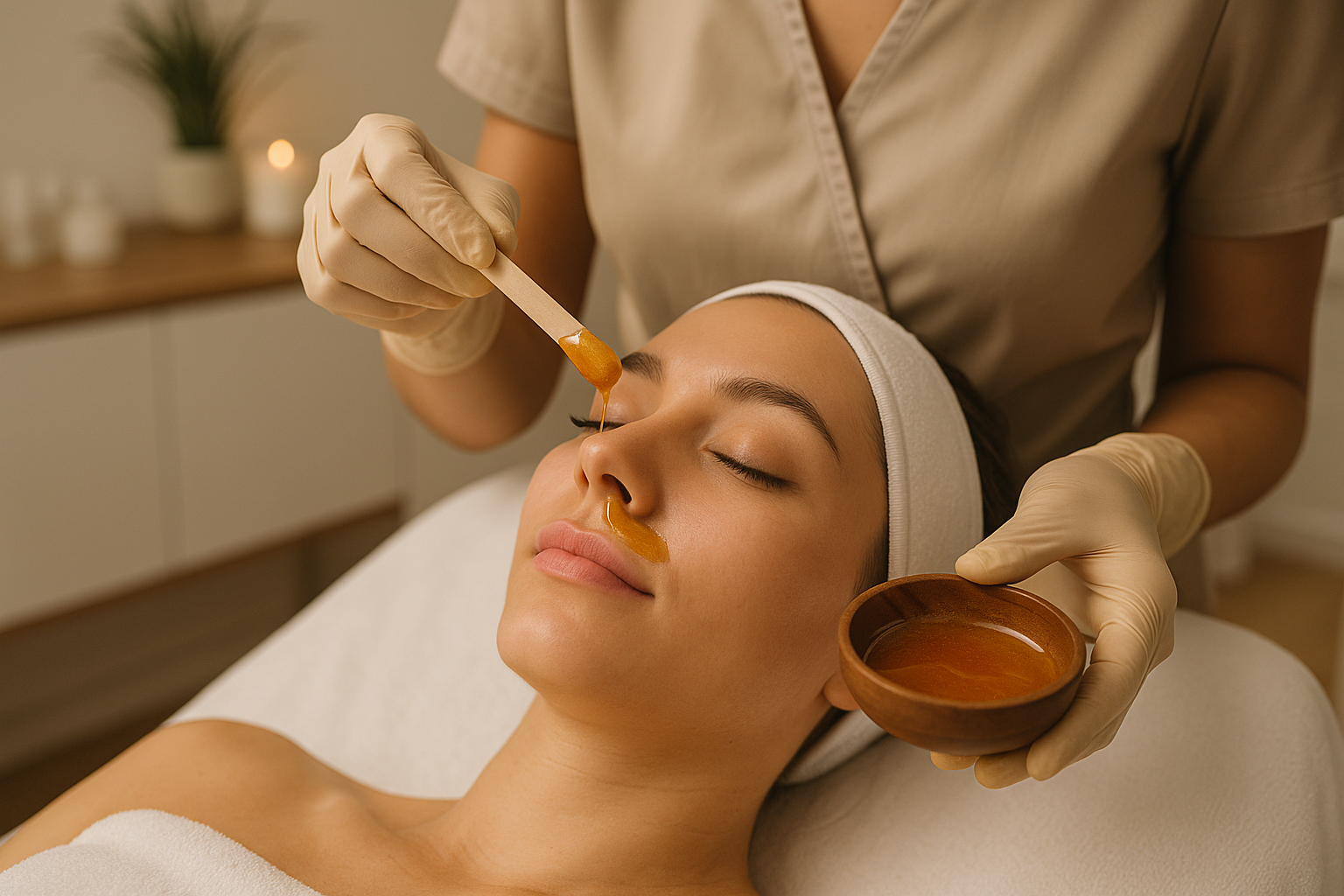 Esthetician applying hard wax to a client's upper lip during a facial waxing session at a modern spa
