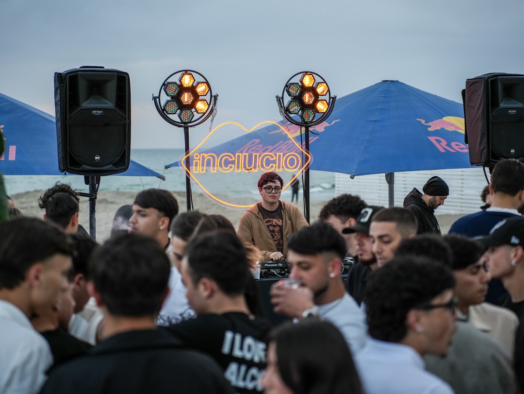 Outdoor event with DJ and sound system entertaining a crowd