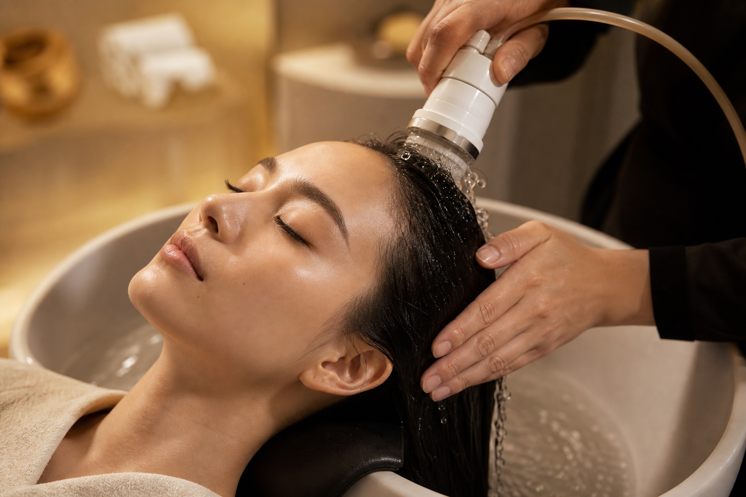 Hydrogen water scalp treatment being applied with a specialized nozzle device at a professional head spa