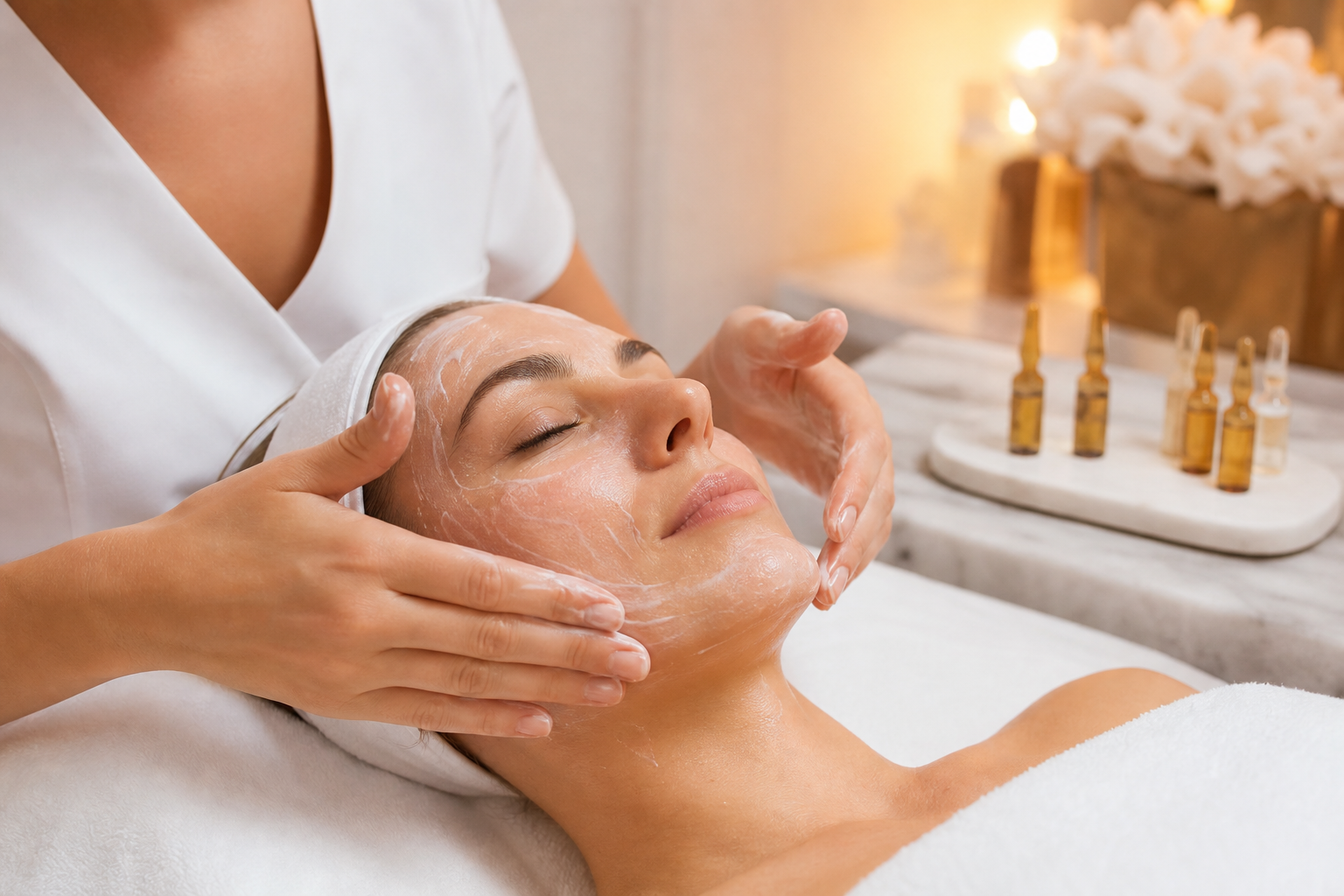 Cellcosmet Swiss cellular facial treatment being applied at a luxury skincare studio