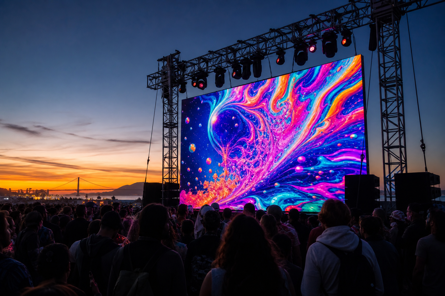 Outdoor LED video wall displaying vivid content at a Bay Area evening festival