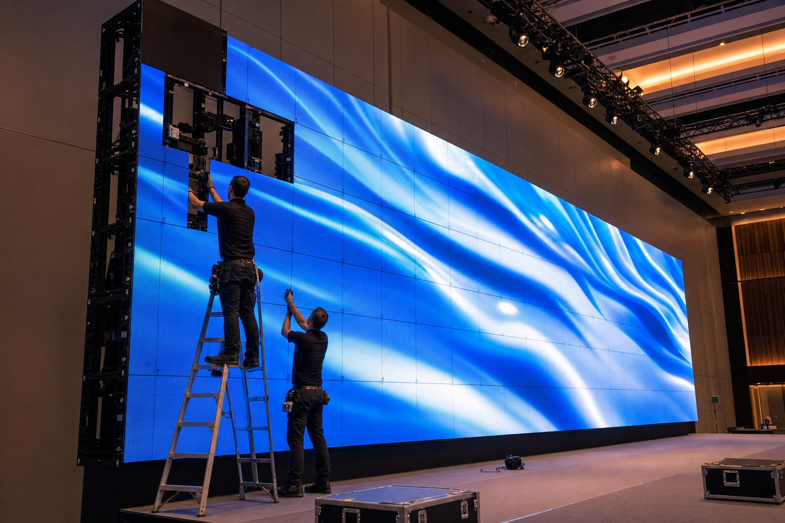 Technicians assembling a modular LED video wall at a Bay Area conference venue