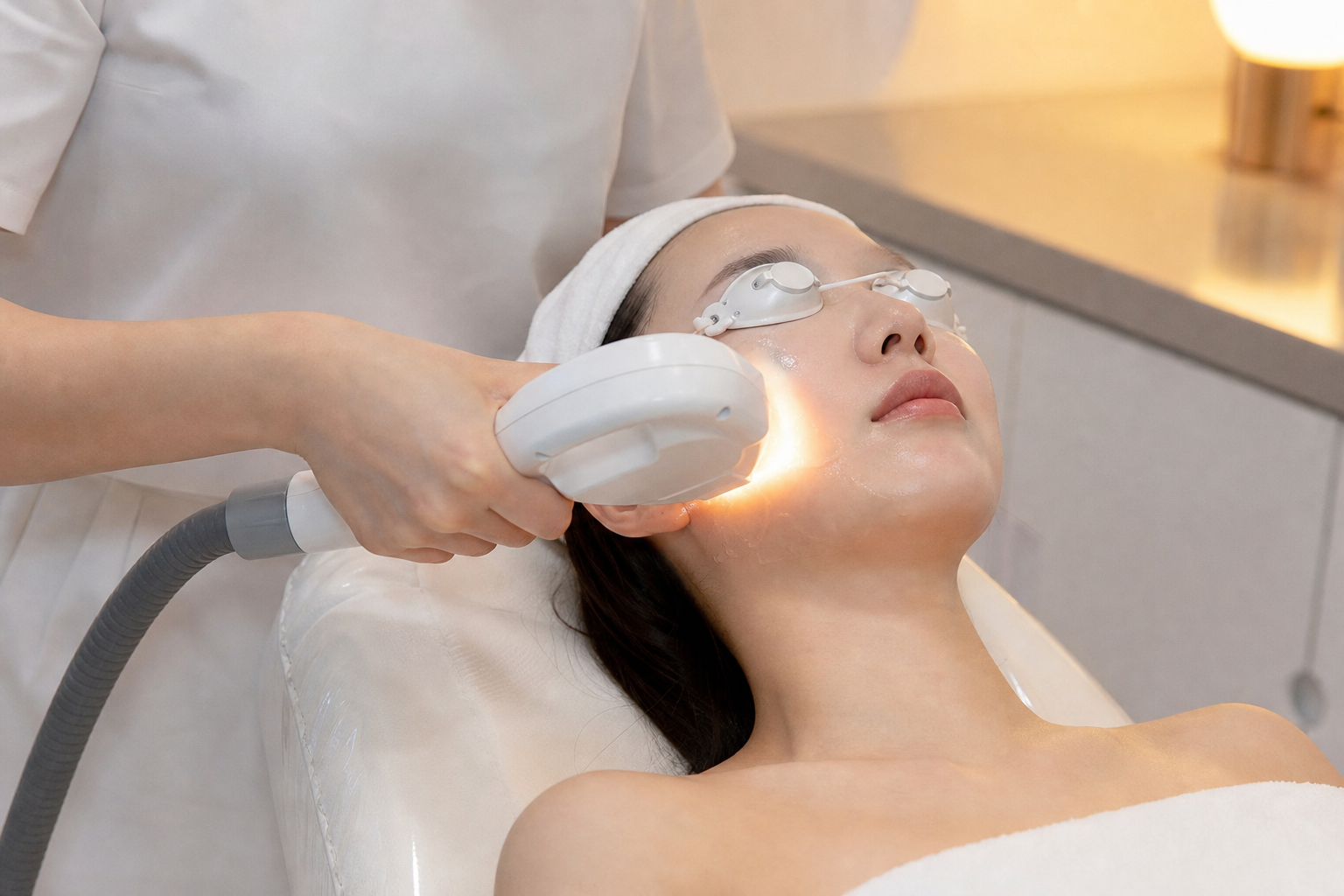 DPL light therapy device being applied during a facial acne treatment at a Korean skincare clinic