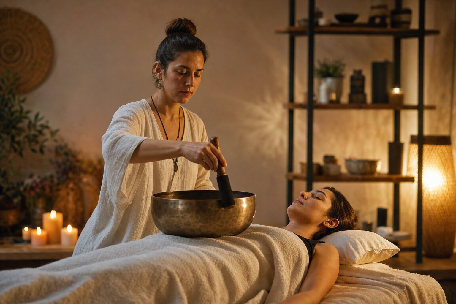 One-on-one singing bowl therapy session with a practitioner placing a bowl on a client in a warm wellness room