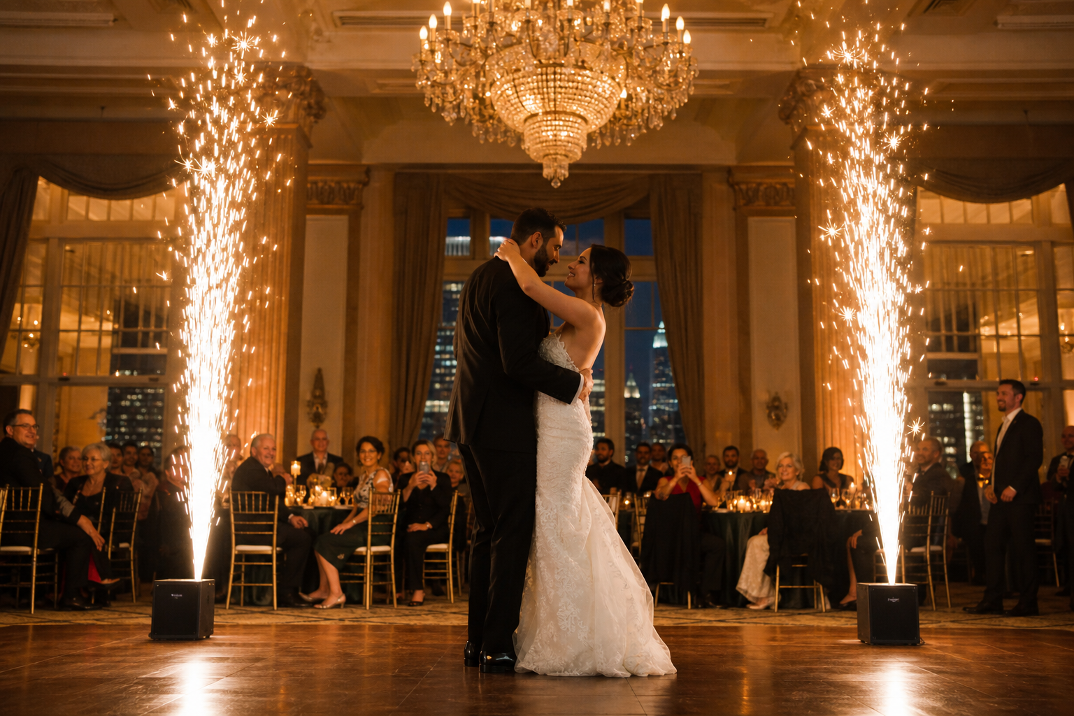 Cold spark machines firing golden sparks on a San Francisco hotel ballroom dance floor during a wedding reception