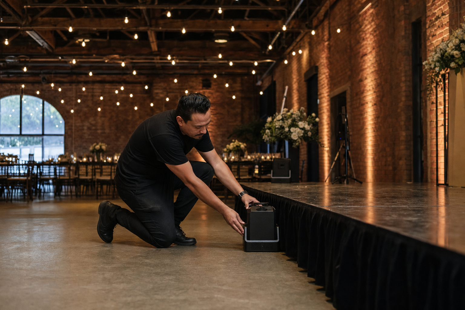 Event technician positioning a cold spark machine near a stage in an industrial San Francisco warehouse venue