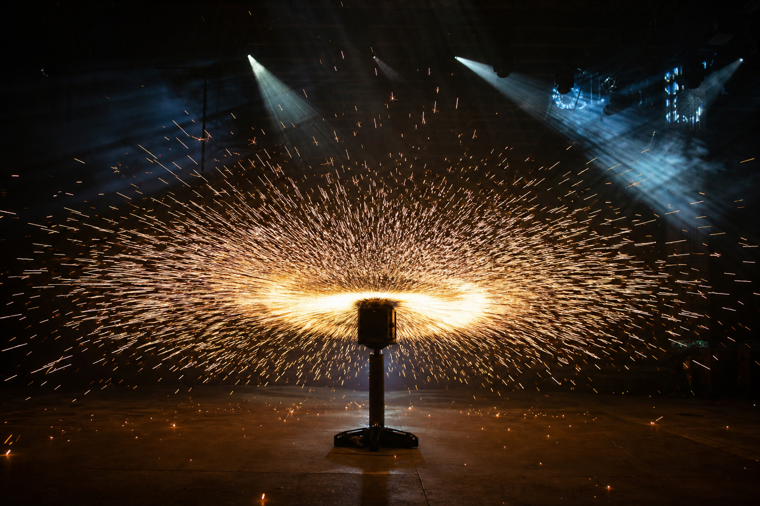 Rotating cold spark machine spinning golden sparks in a 360-degree pattern on a dark concert stage
