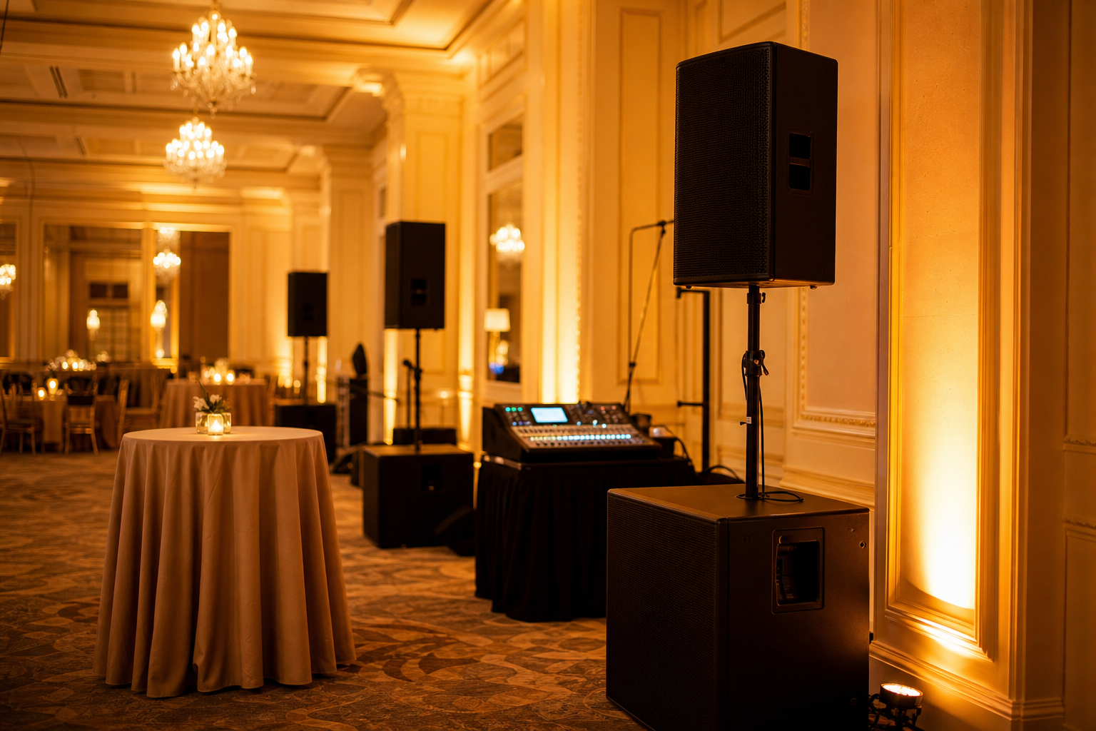 AV sound system and stage lighting setup at a San Francisco hotel ballroom event