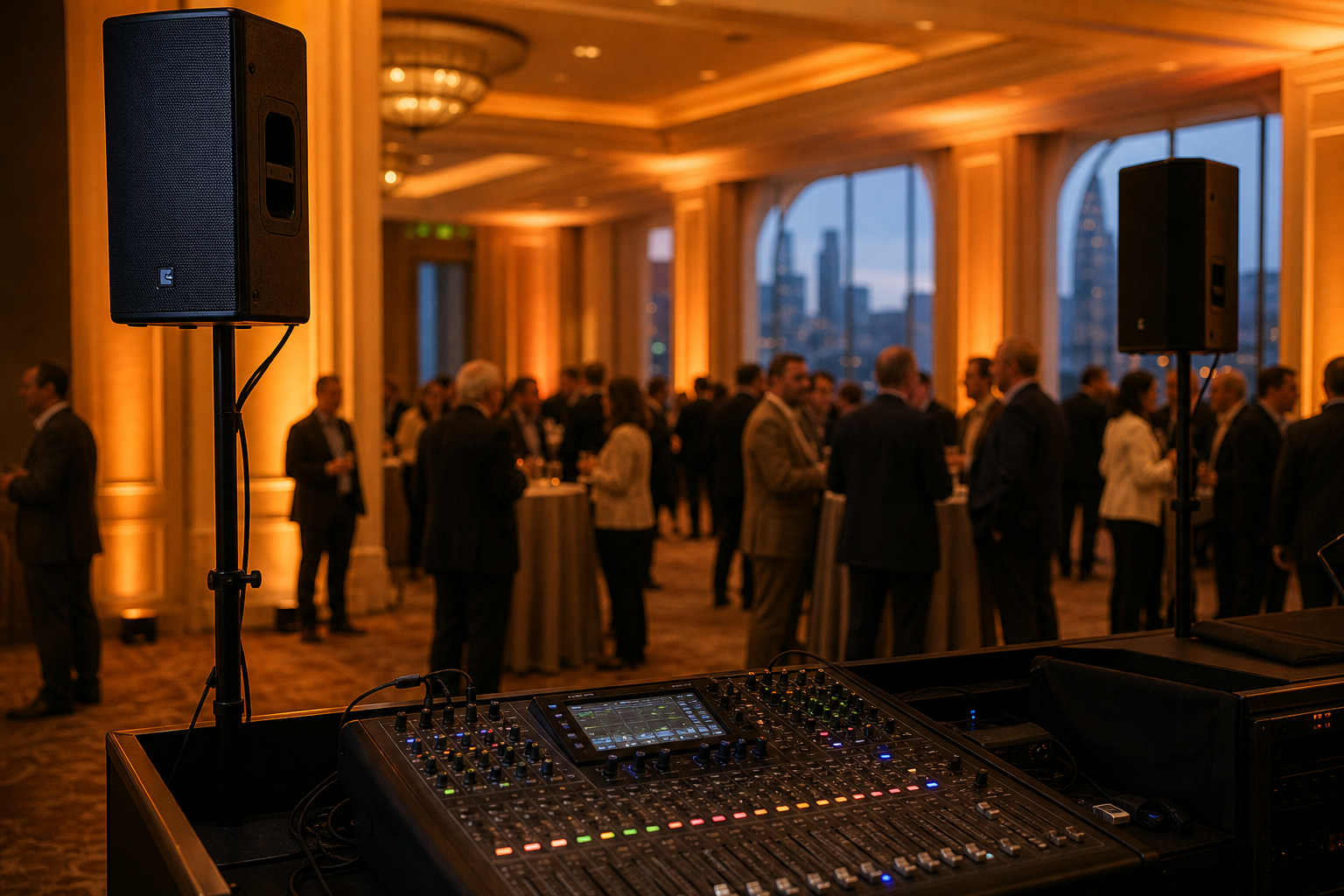 AV equipment setup at a San Francisco hotel ballroom event with PA speakers, LED uplighting, and a mixing console