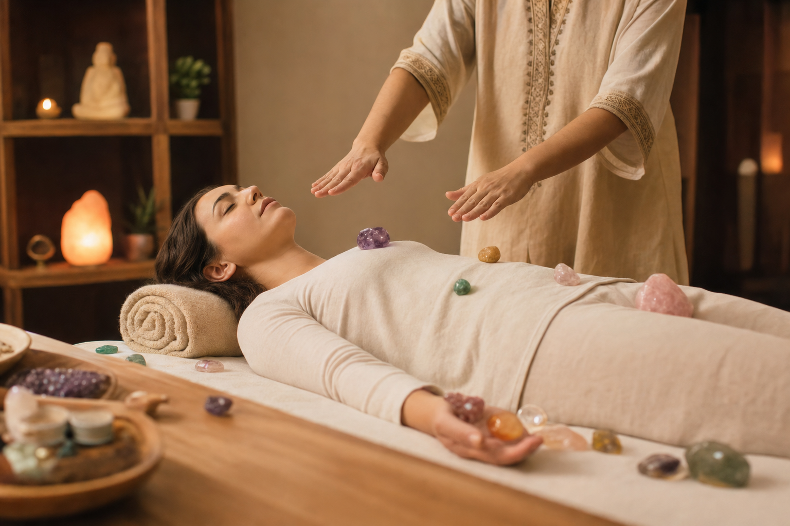 A peaceful crystal healing session showing a client lying on a treatment table with crystals arranged around them