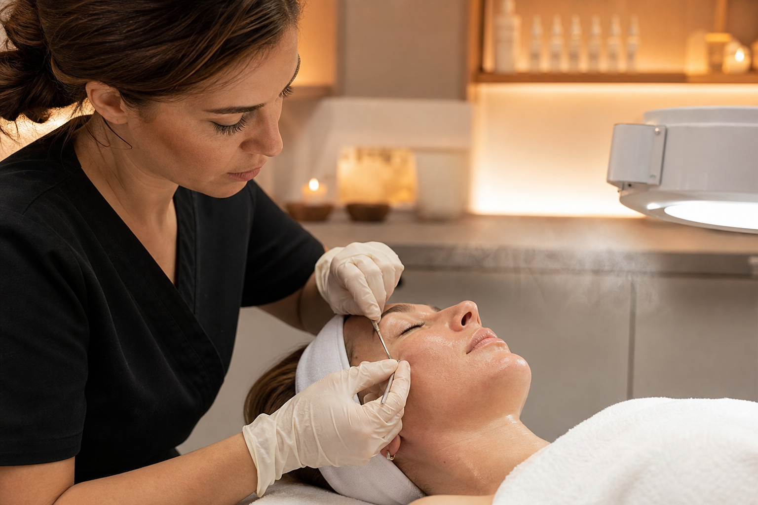 Professional esthetician performing a deep cleaning facial extraction treatment on a client