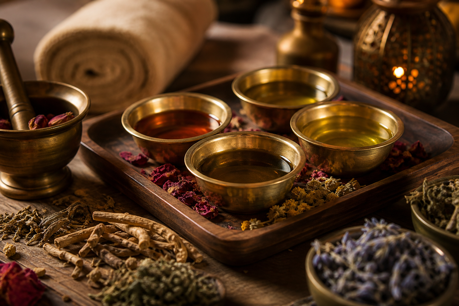 Warm Ayurvedic herbal oils in brass bowls with dried herbs on a wooden tray