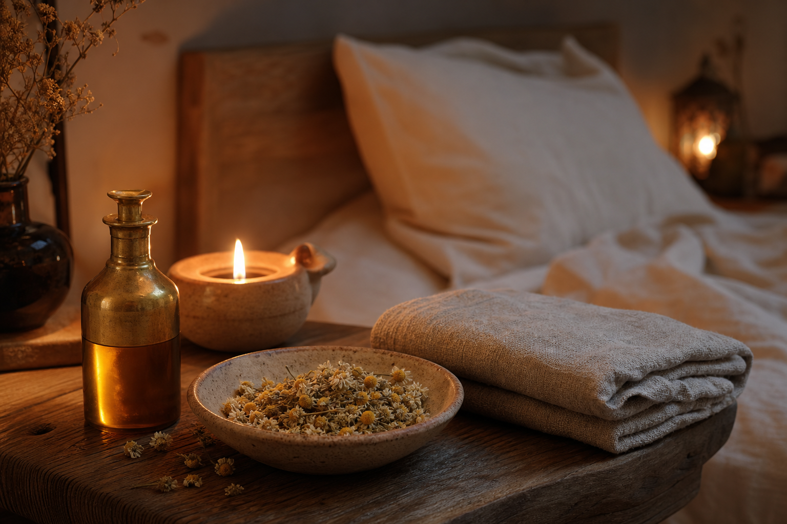 Calming bedside scene with Ayurvedic oils and herbs promoting better sleep