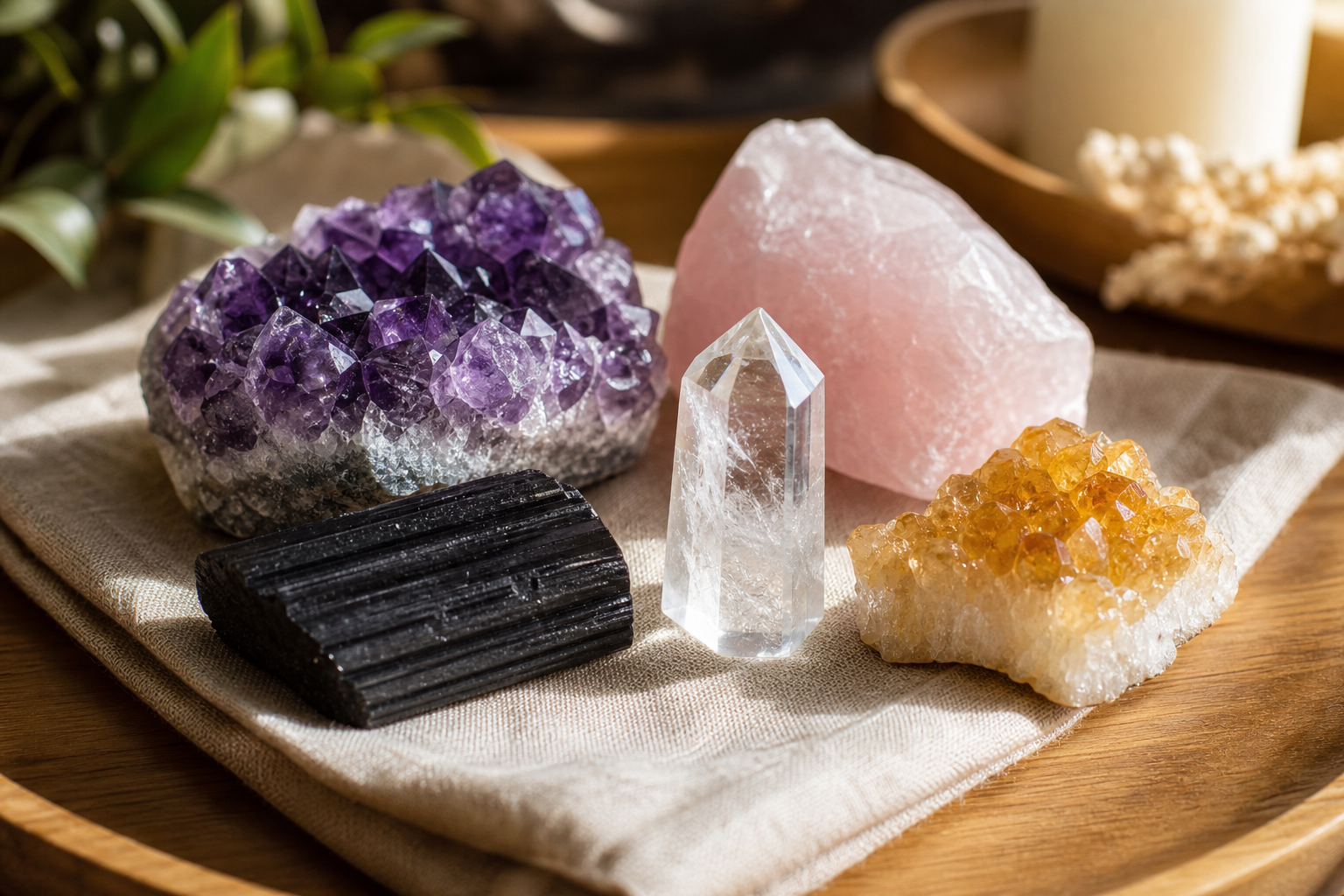 Various healing crystals including amethyst, rose quartz, and black tourmaline arranged on a natural surface
