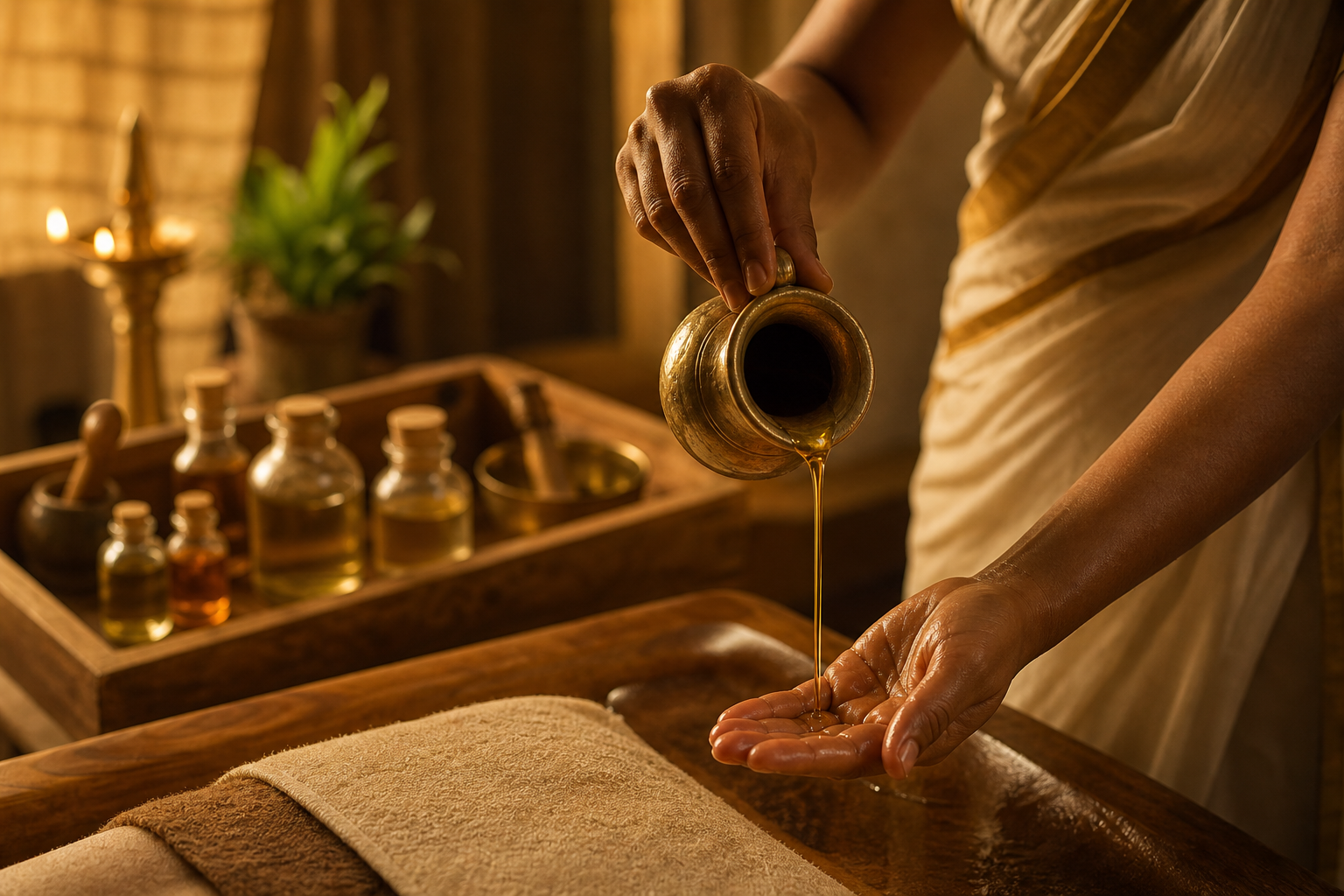 Warm Ayurvedic oil being poured for an Abhyanga massage session in a peaceful spa setting