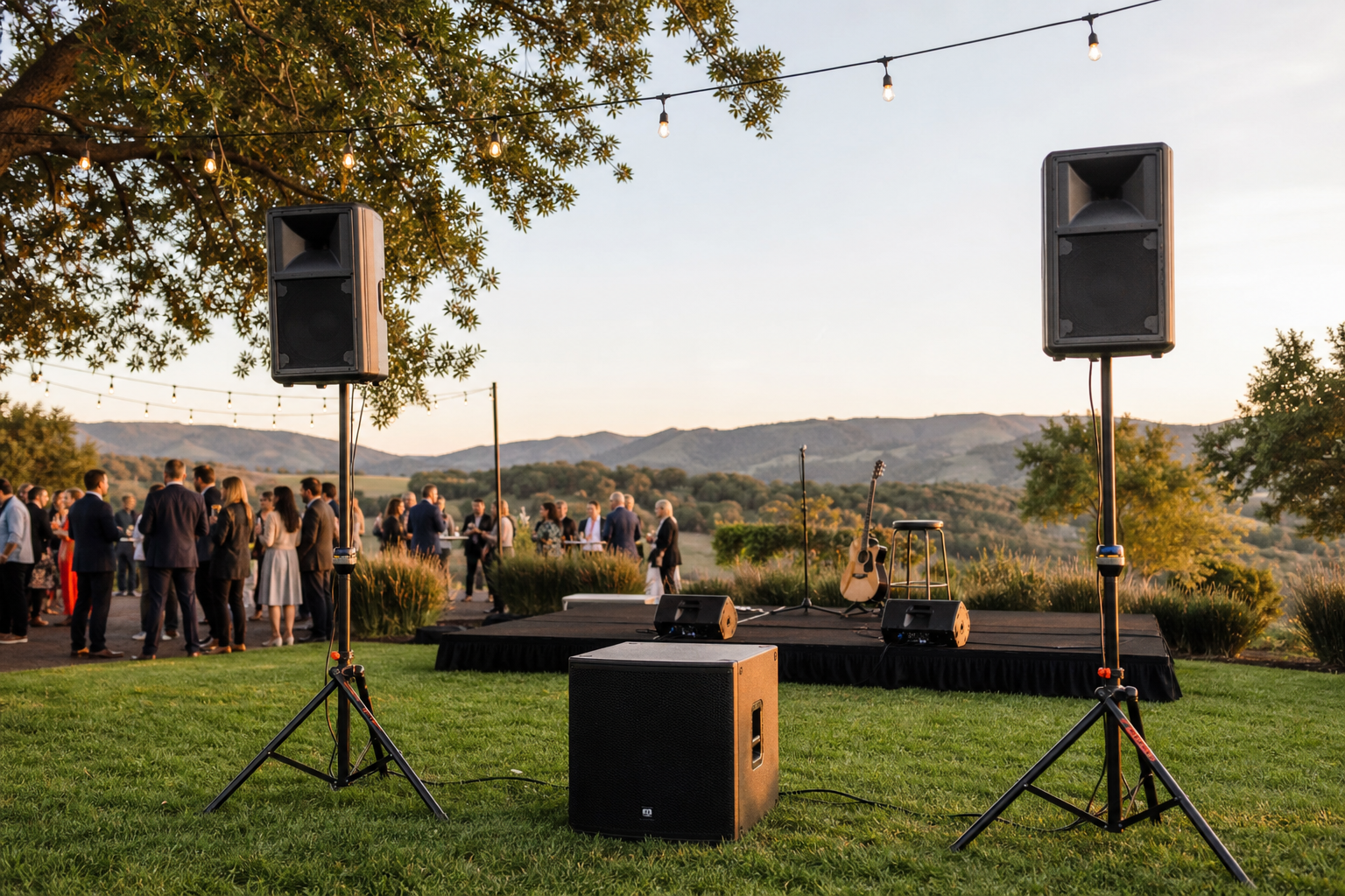 Outdoor event sound system setup with PA speakers and subwoofers at a Bay Area park festival