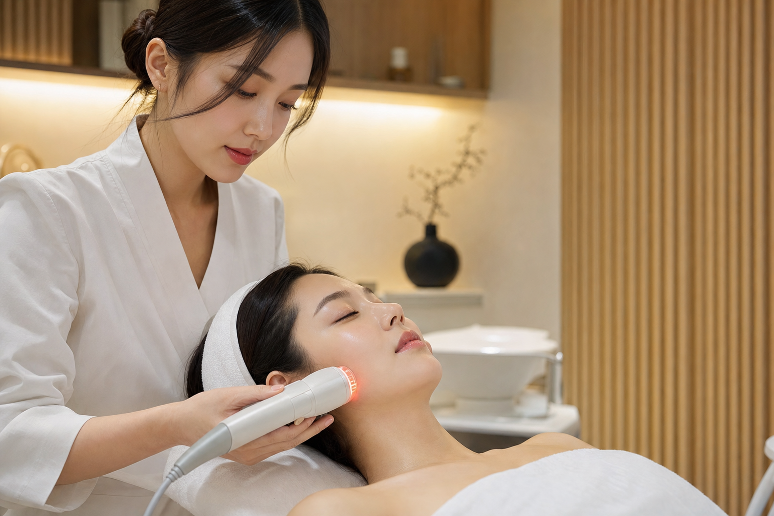 Esthetician performing RF skin tightening treatment on a client's jawline at a modern Korean beauty spa