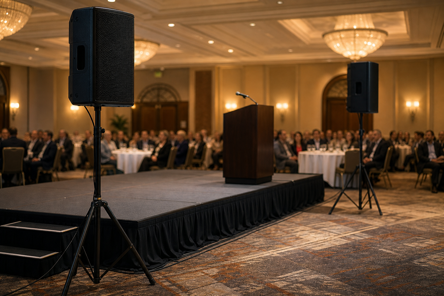 Commercial PA speakers on tripod stands providing audio coverage at a Bay Area corporate event in a hotel ballroom