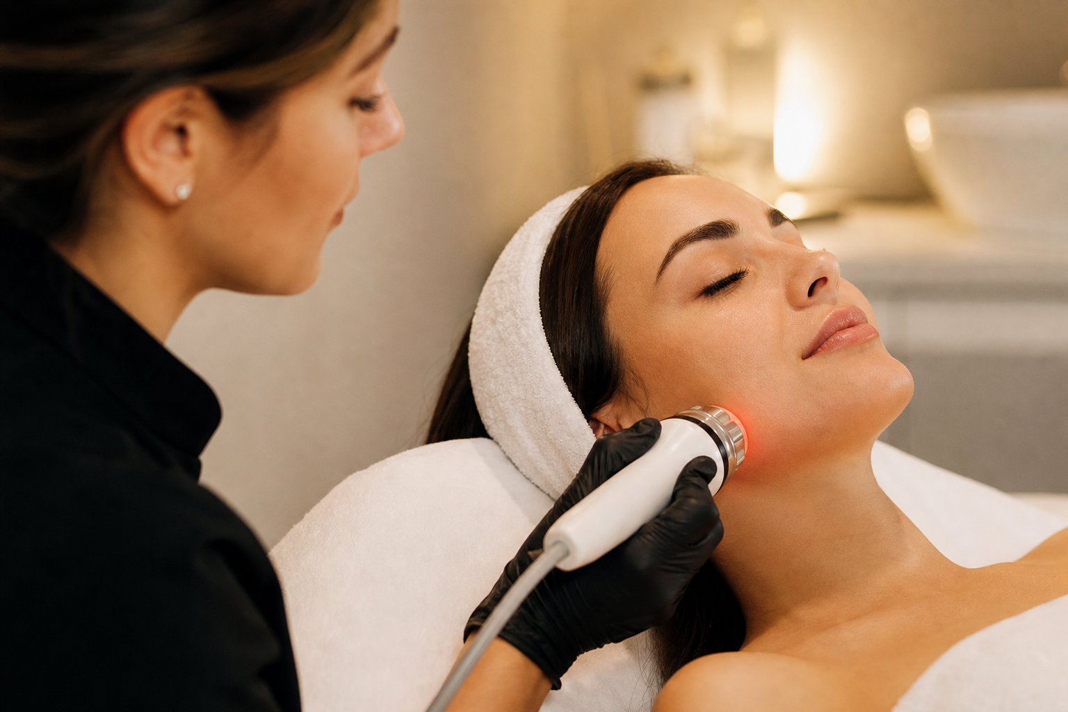 Esthetician performing RF skin tightening treatment on a client's jawline at JH Beauty spa