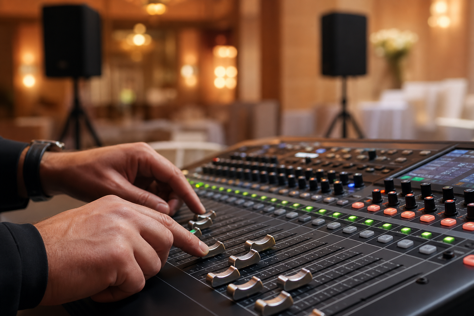 Audio technician running a sound check on a mixing console before a Bay Area event