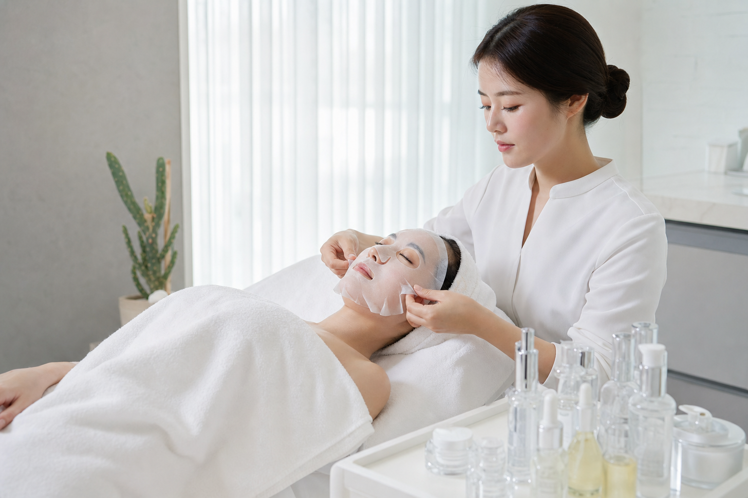 Korean facial treatment with layered sheet mask and serums at modern spa