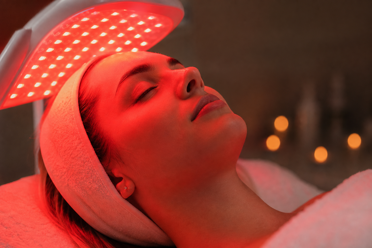 Woman receiving red LED light therapy facial treatment