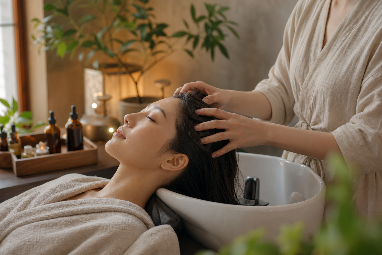 Essential oil scalp massage treatment at luxury head spa