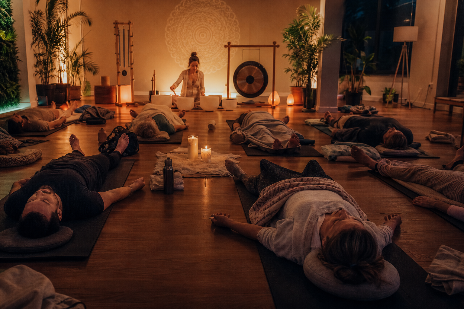 Large group of people lying on yoga mats during a sound bath meditation event