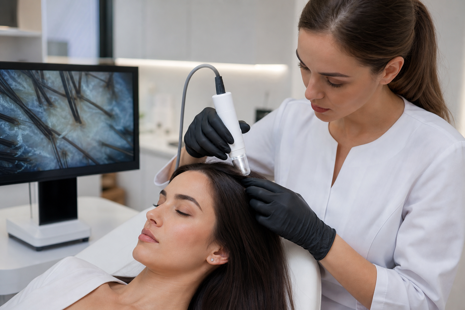Professional scalp analysis with magnification at modern hair spa