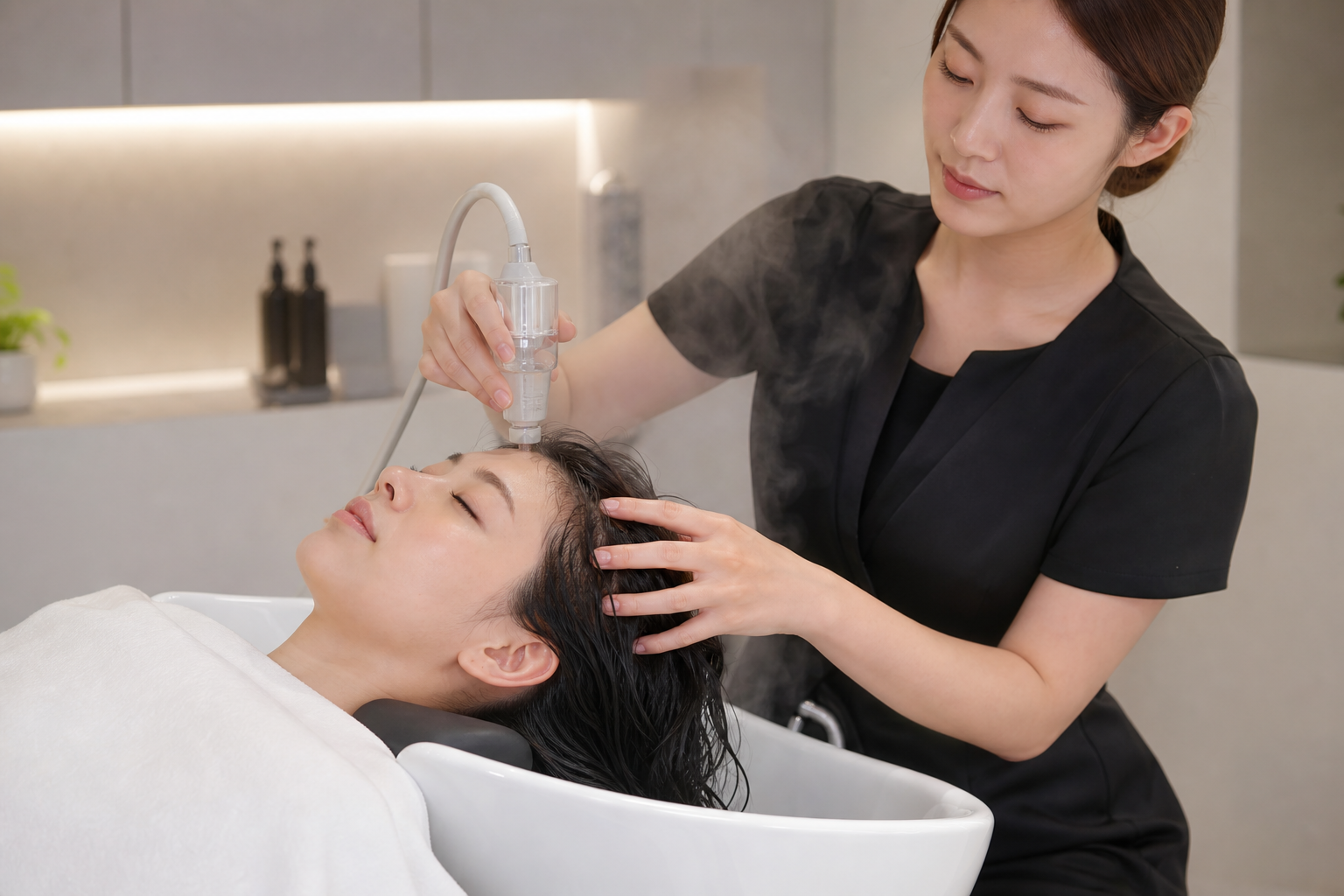 Hydrogen water scalp treatment with massage application