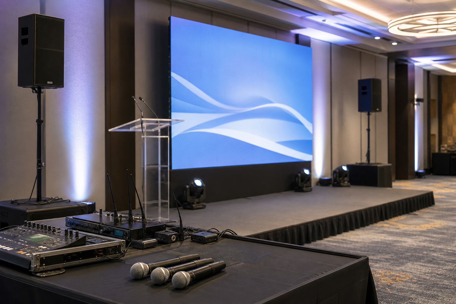 Corporate event checklist with AV equipment including microphones, speakers, and lighting setup