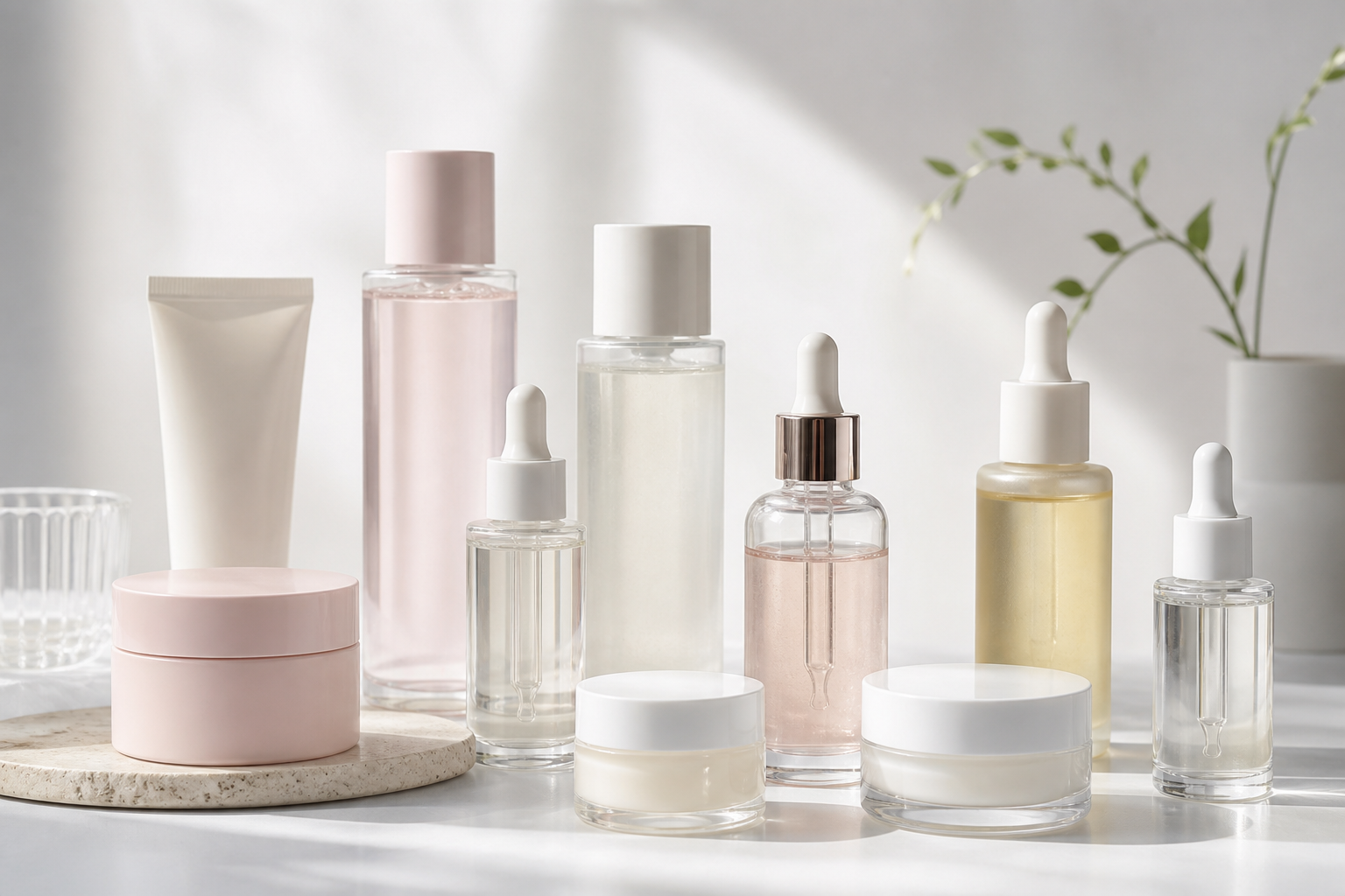 Korean skincare products including essences, serums, and sheet masks arranged on white surface