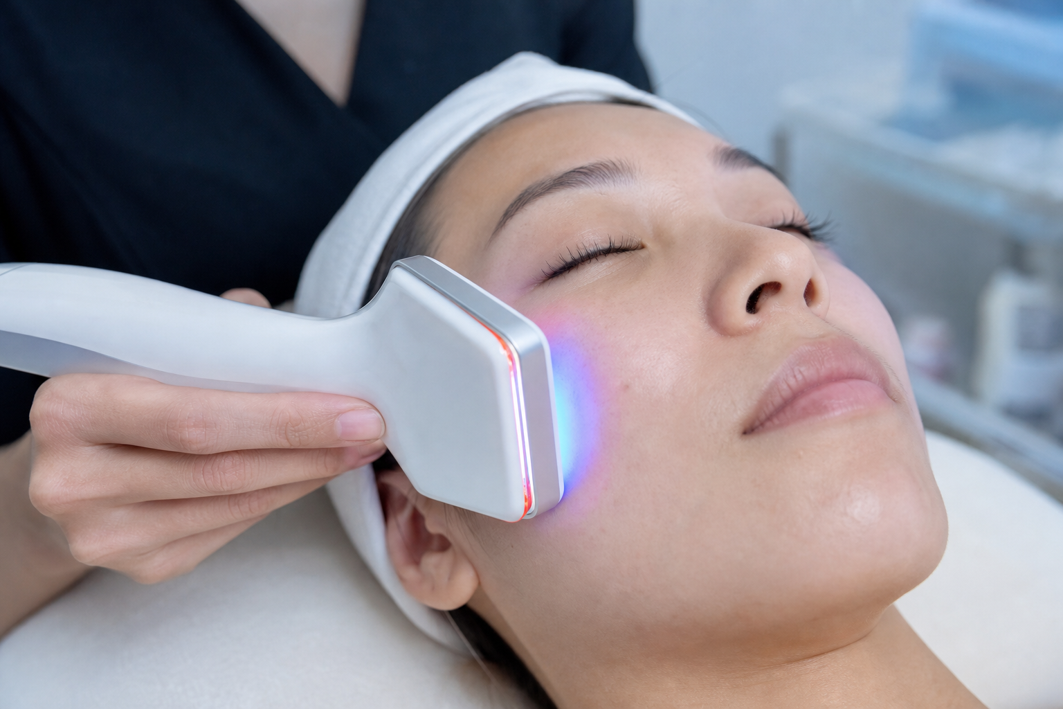 Korean DPL milk-light therapy device during acne treatment session