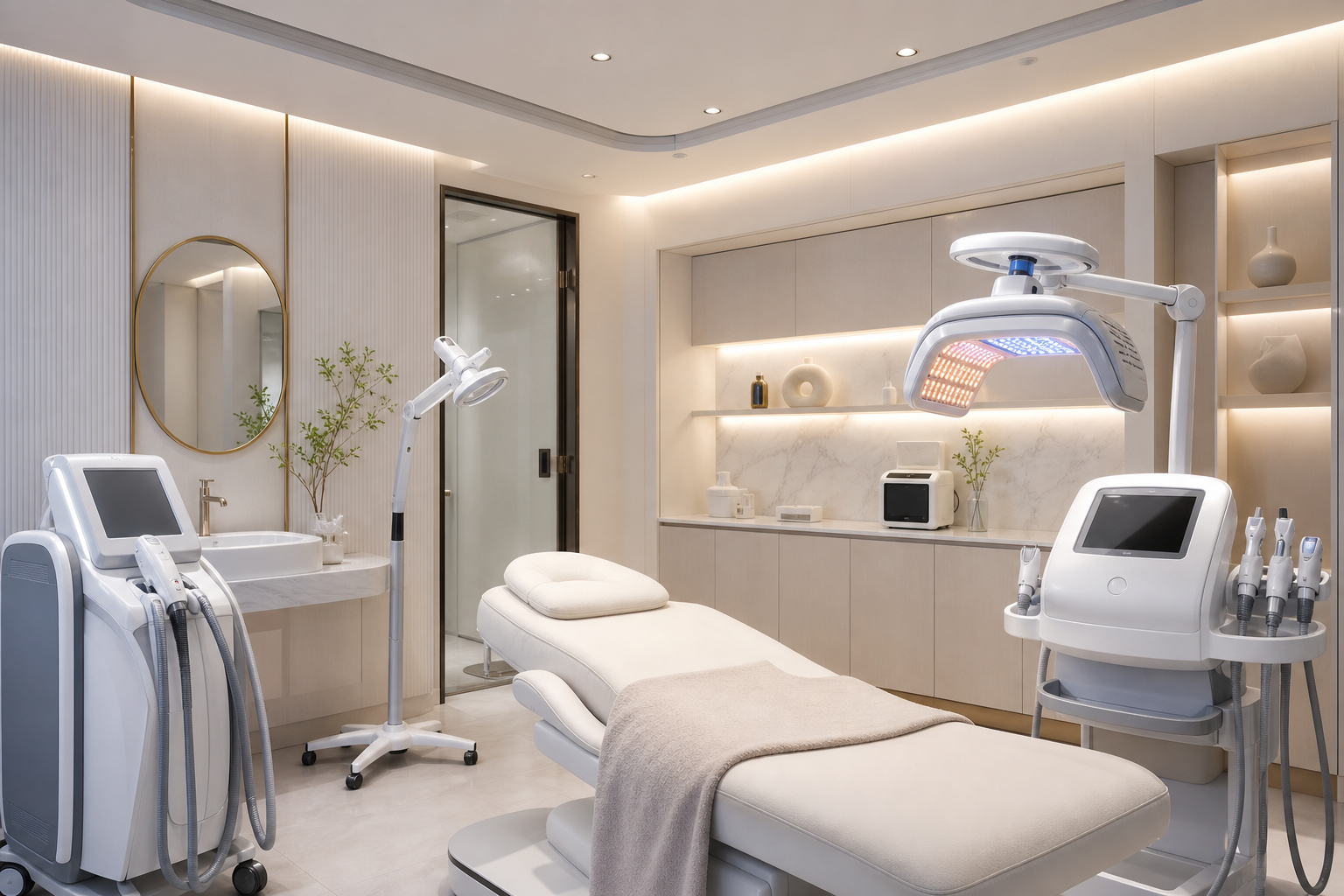 Korean beauty treatment with advanced technology devices at modern clinic
