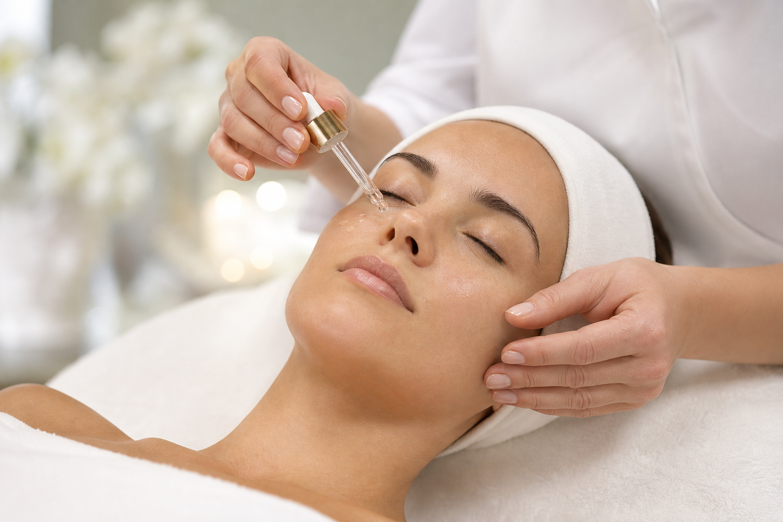 Cellcosmet cellular peptide serum application during luxury facial treatment