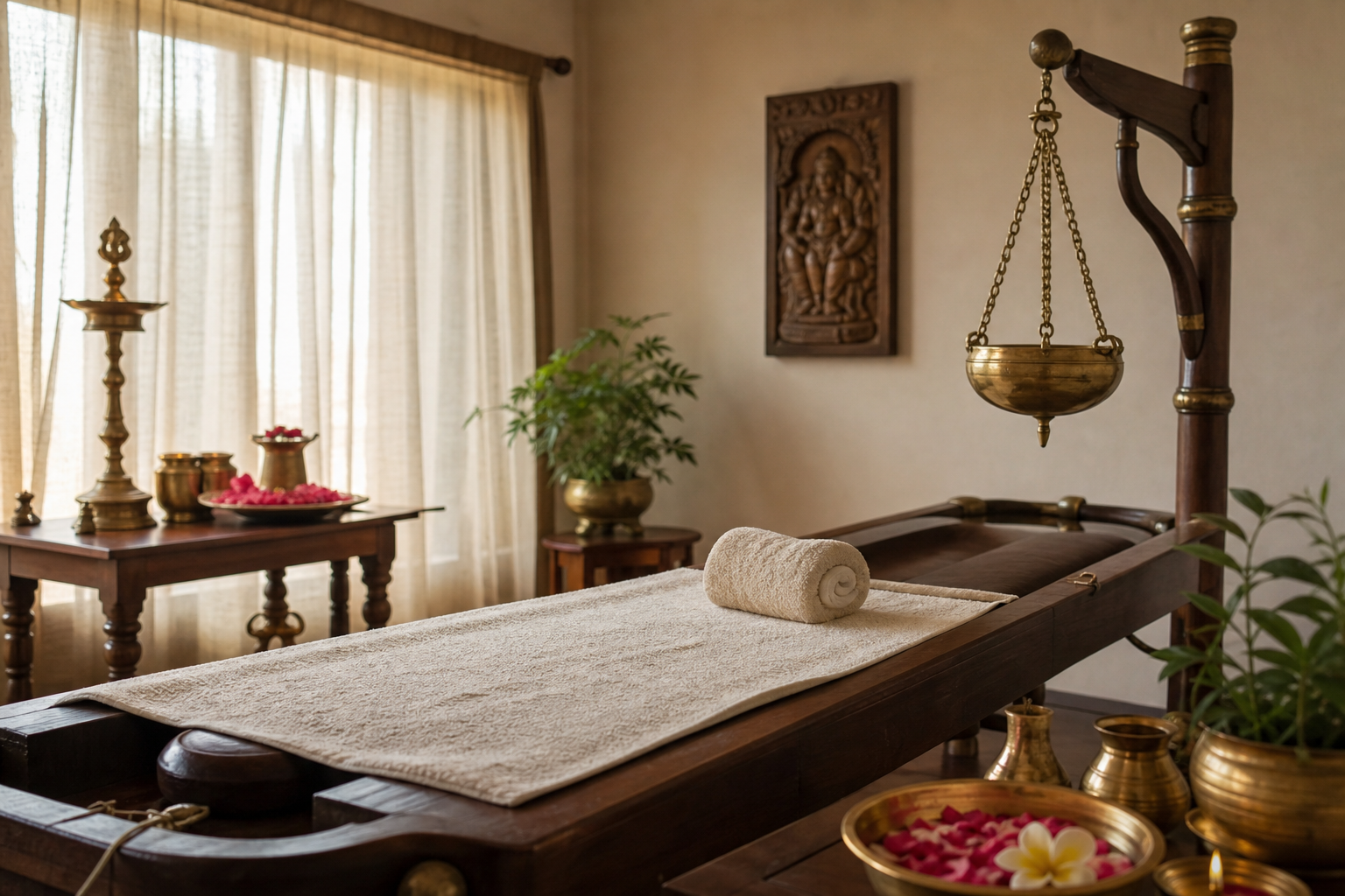 Ayurvedic spa treatment room with traditional elements and natural decor