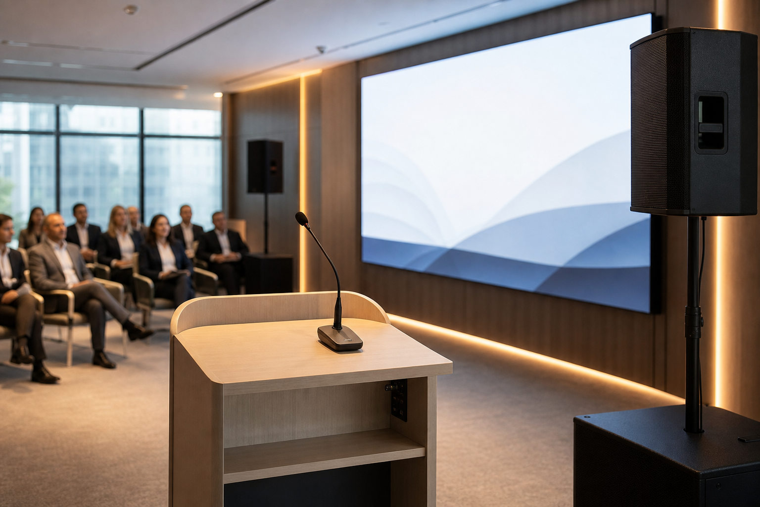 Corporate meeting setup with wireless microphone, professional speakers, and LED display