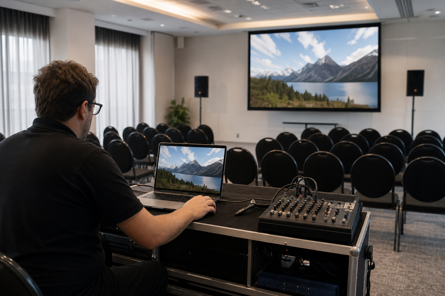Event tech crew testing laptop video playback with projector before corporate presentation