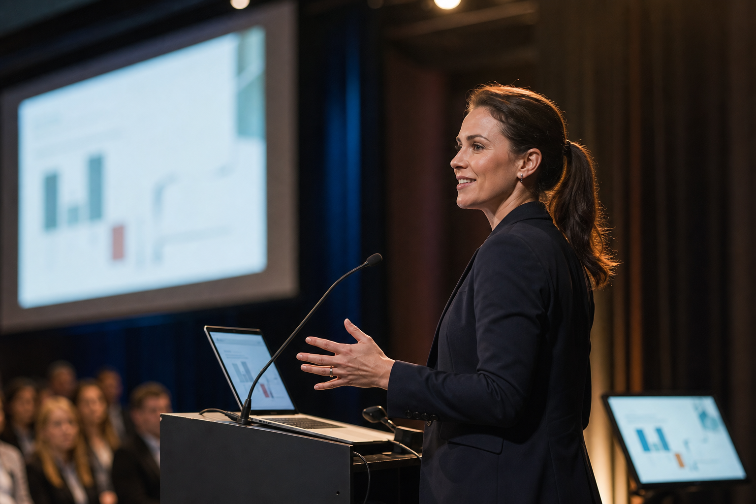 Conference speaker at podium with laptop and presentation screen setup