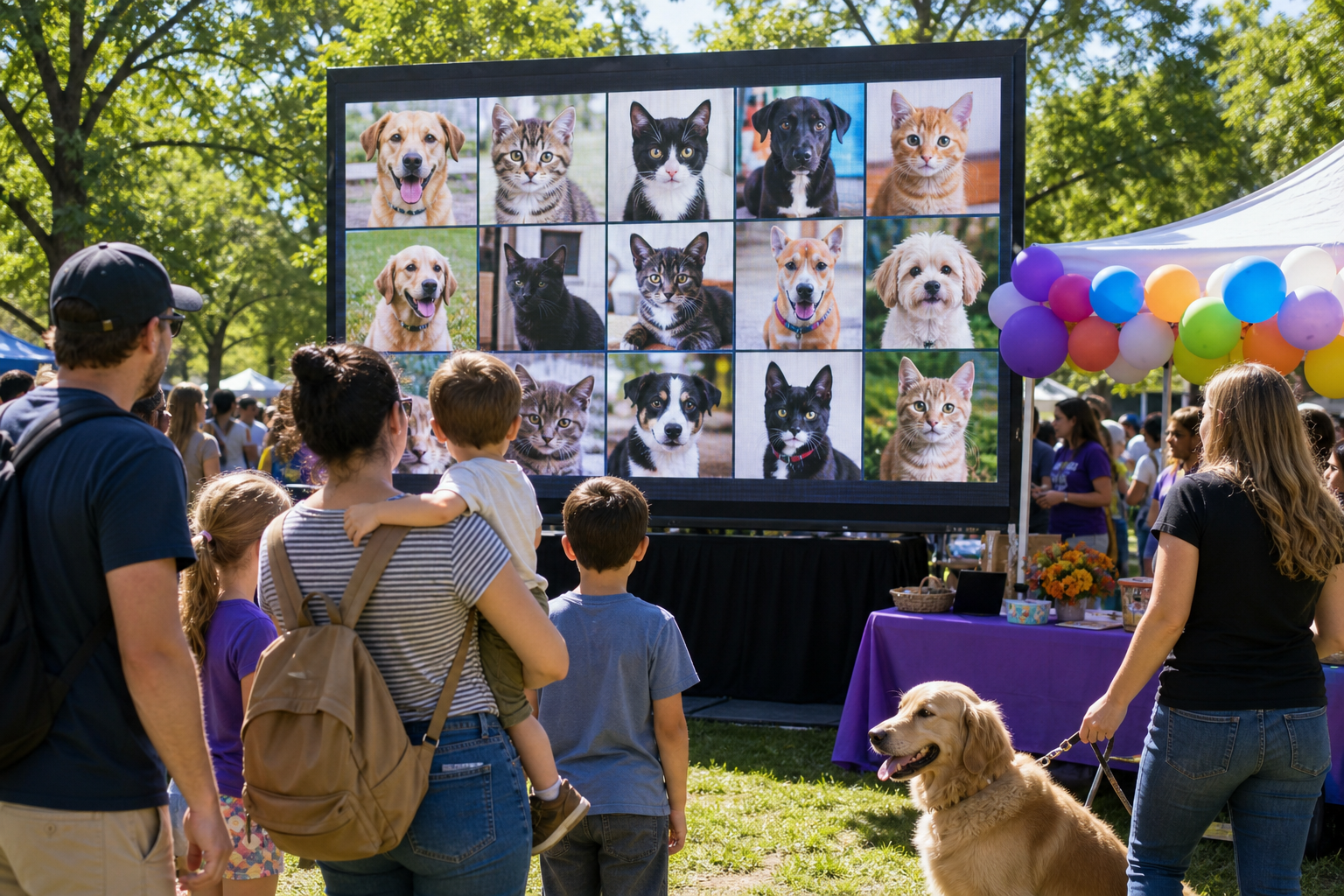 LED video wall displaying adoptable pet photos at outdoor community adoption event