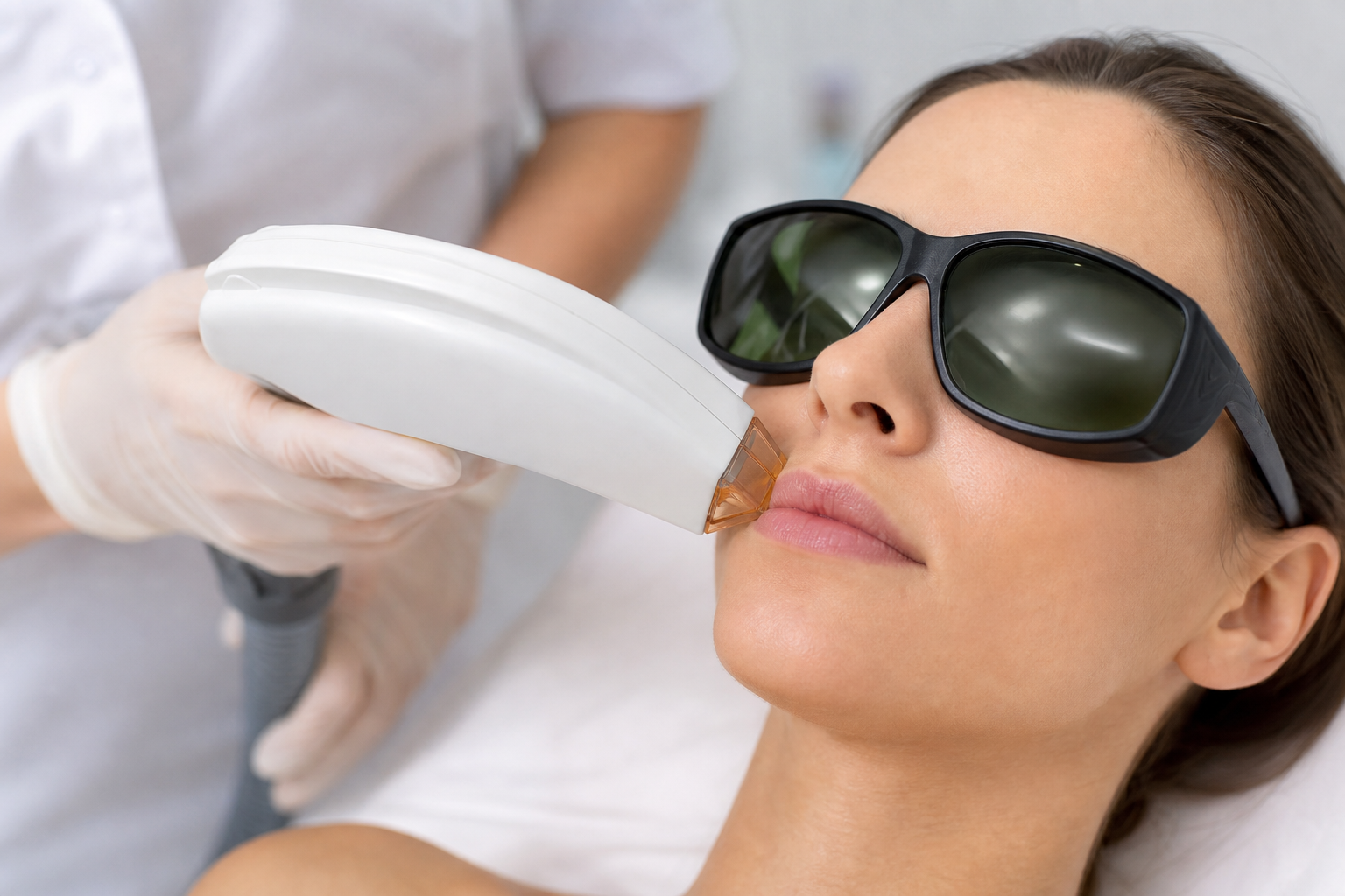 Laser hair removal treatment on upper lip in professional medical spa