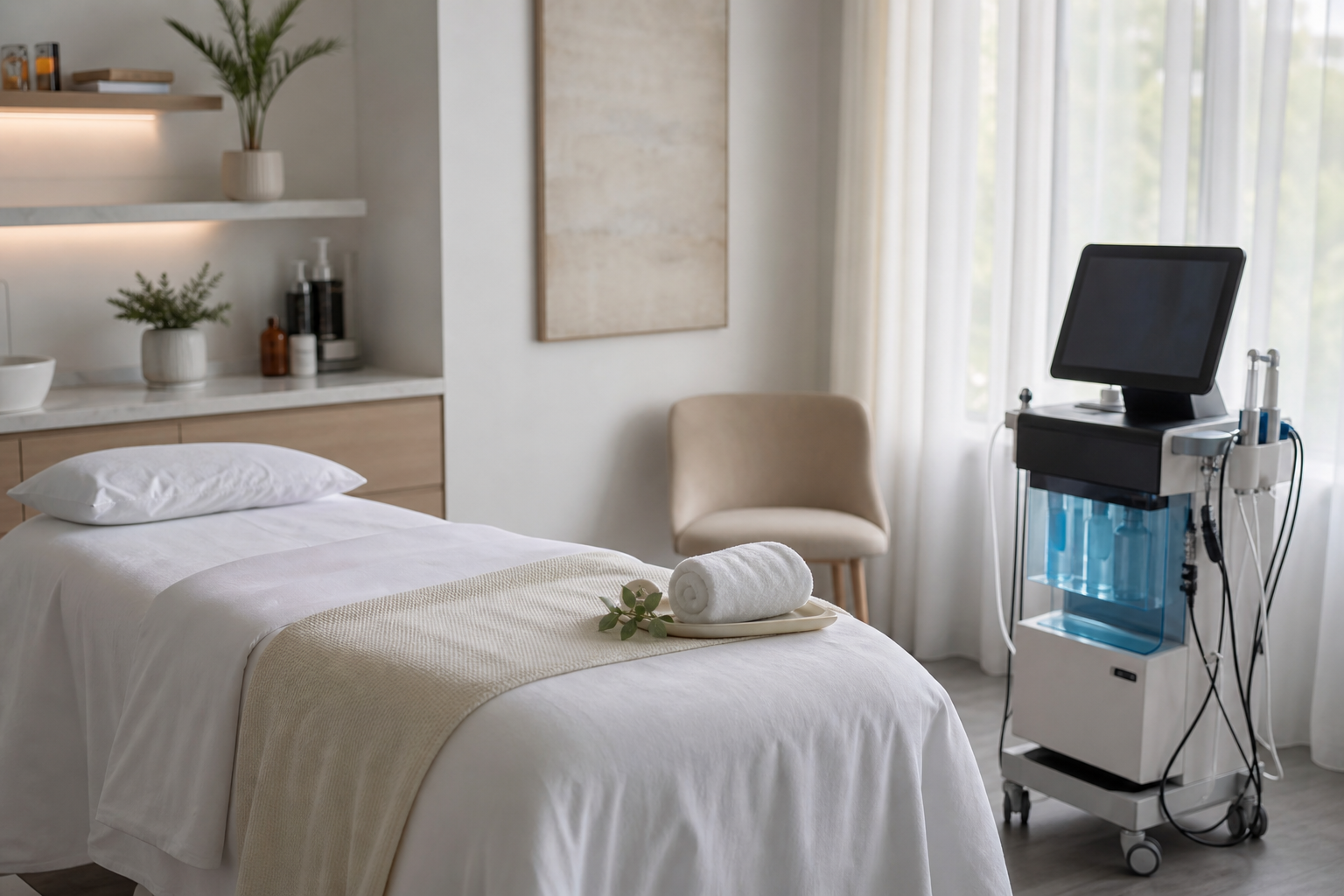 HydraFacial treatment room with medical-grade device in a modern San Francisco med spa