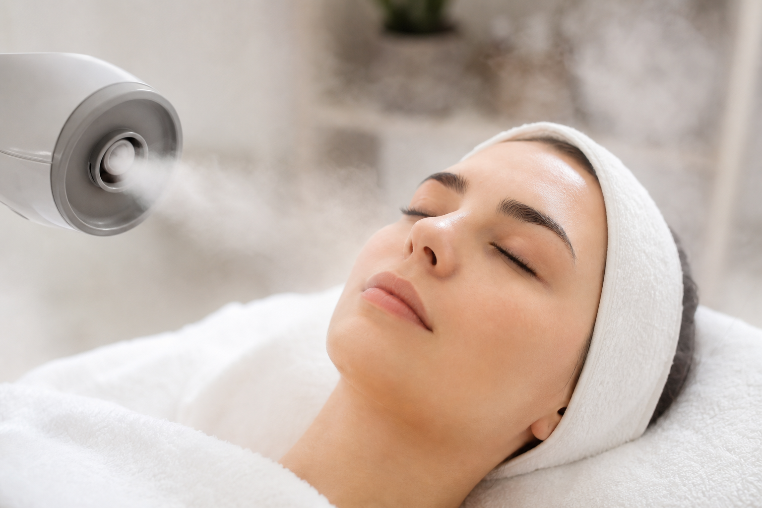 Facial steaming during deep cleansing facial treatment