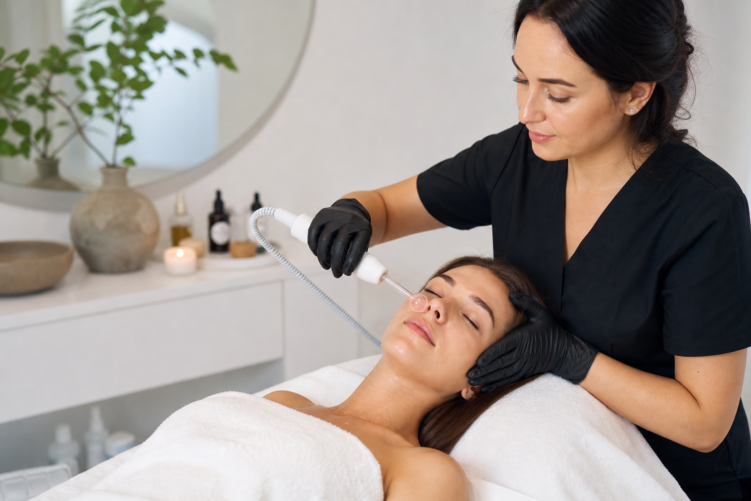 Esthetician performing high frequency facial on client with acne