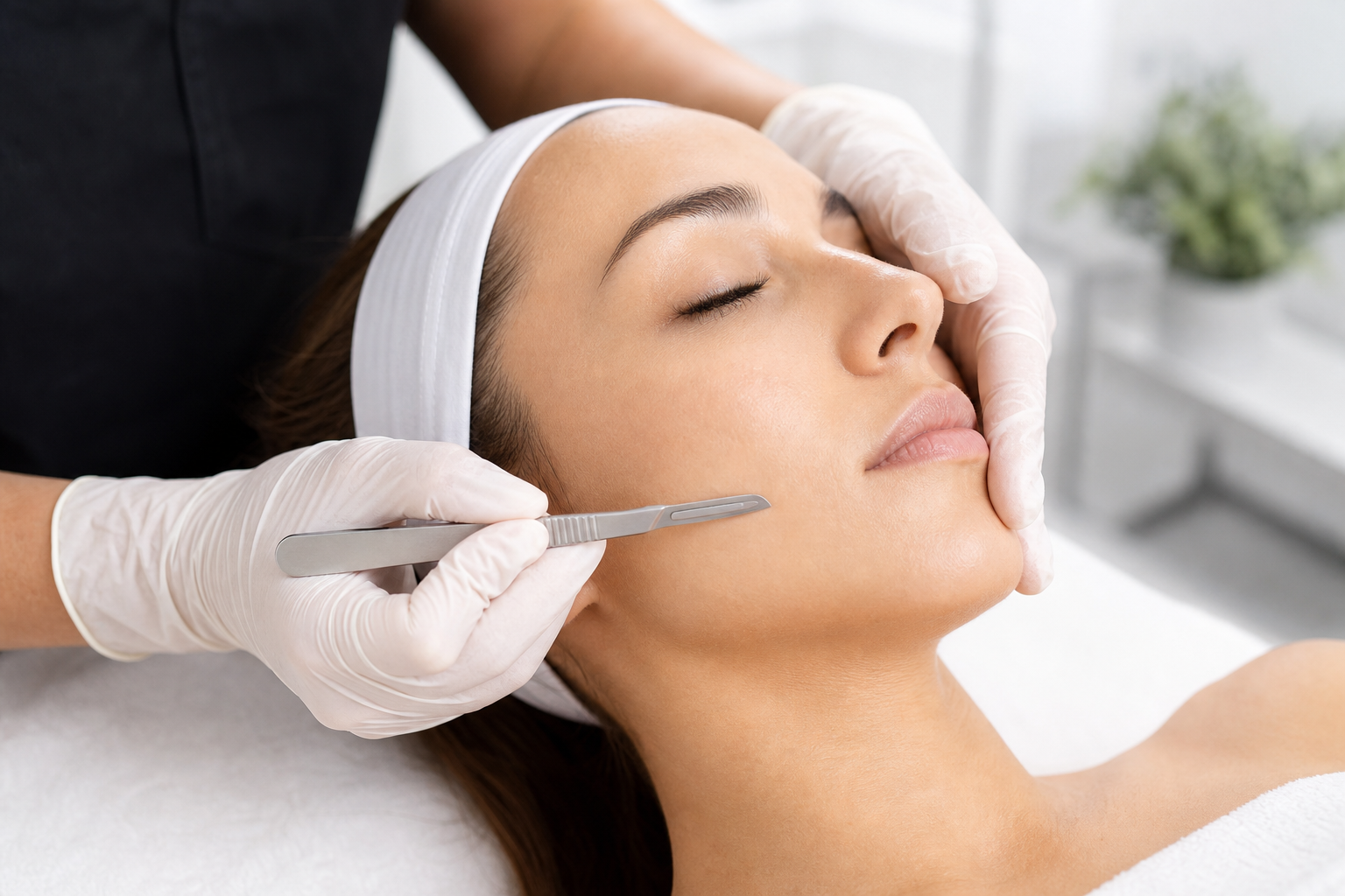 Professional dermaplaning treatment with surgical blade