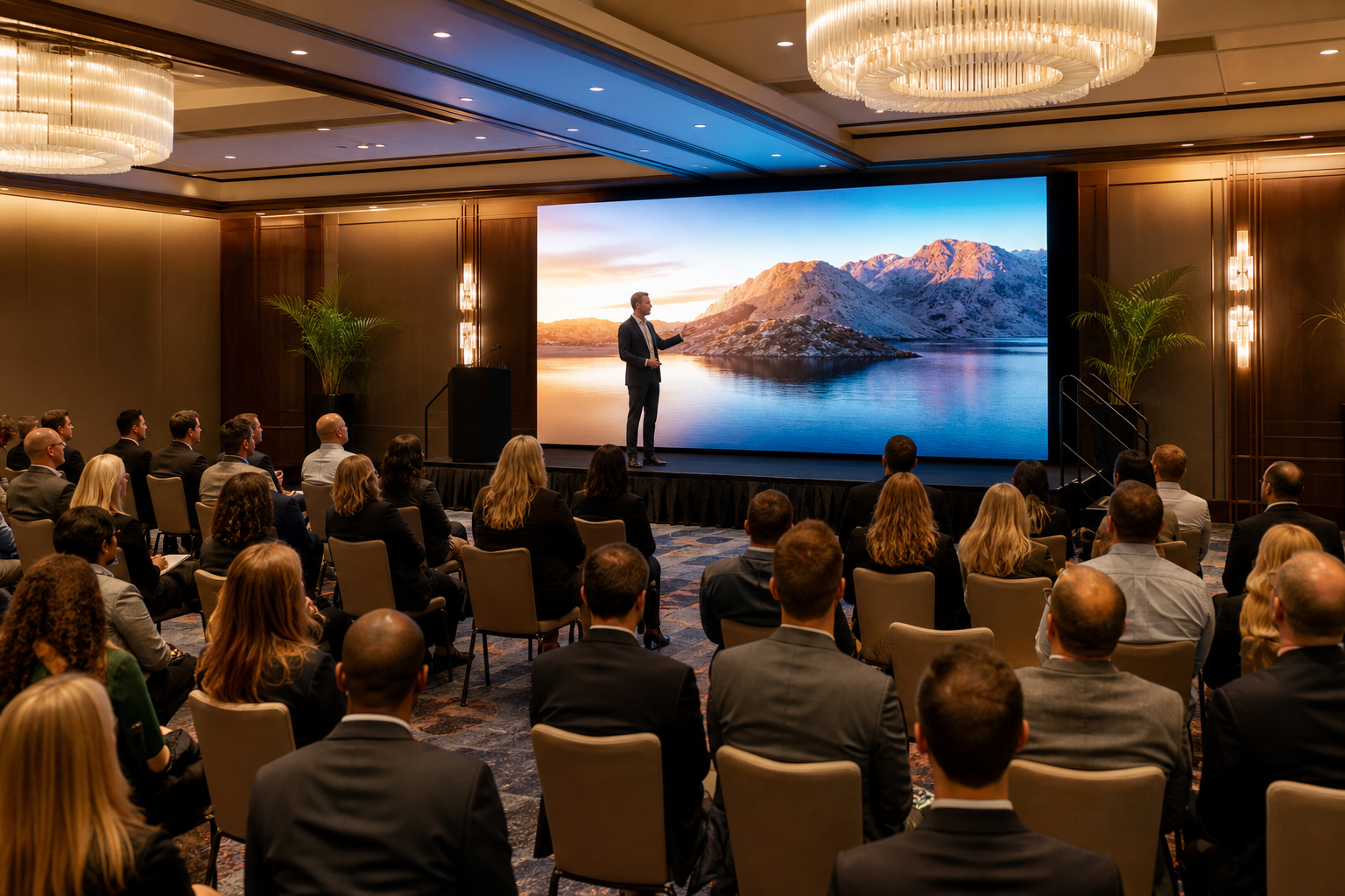 LED video wall at corporate conference in Hayward East Bay hotel ballroom