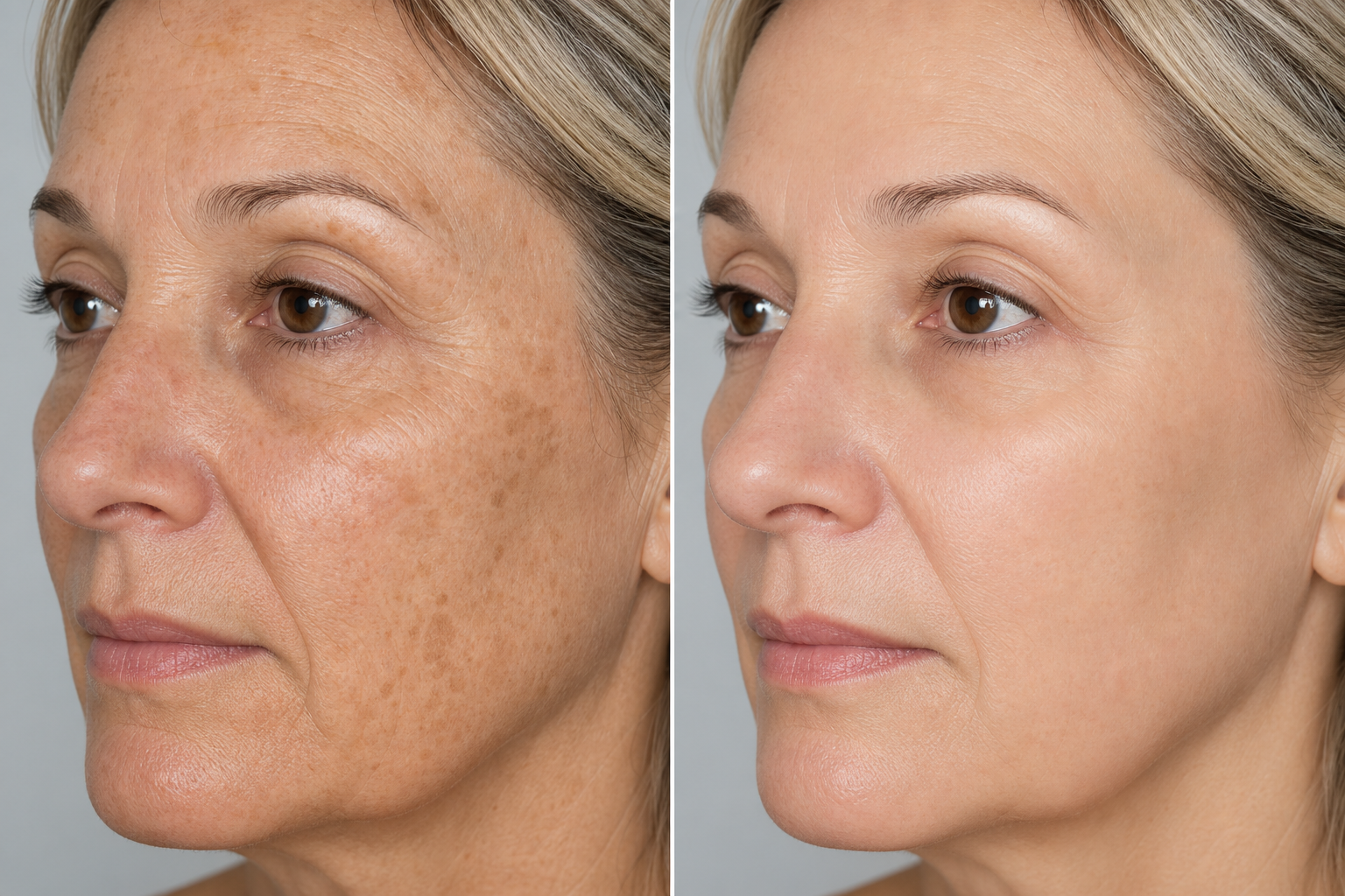 Before and after comparison showing reduction in sun damage and brown spots