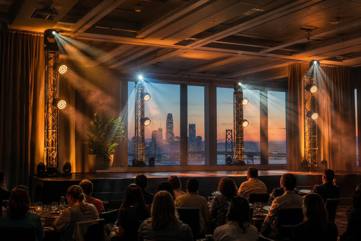 Professional stage lighting setup at a Bay Area corporate event with LED pars and moving head fixtures