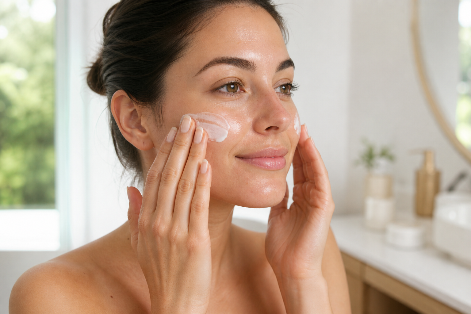 Woman applying sunscreen after vitamin C facial treatment