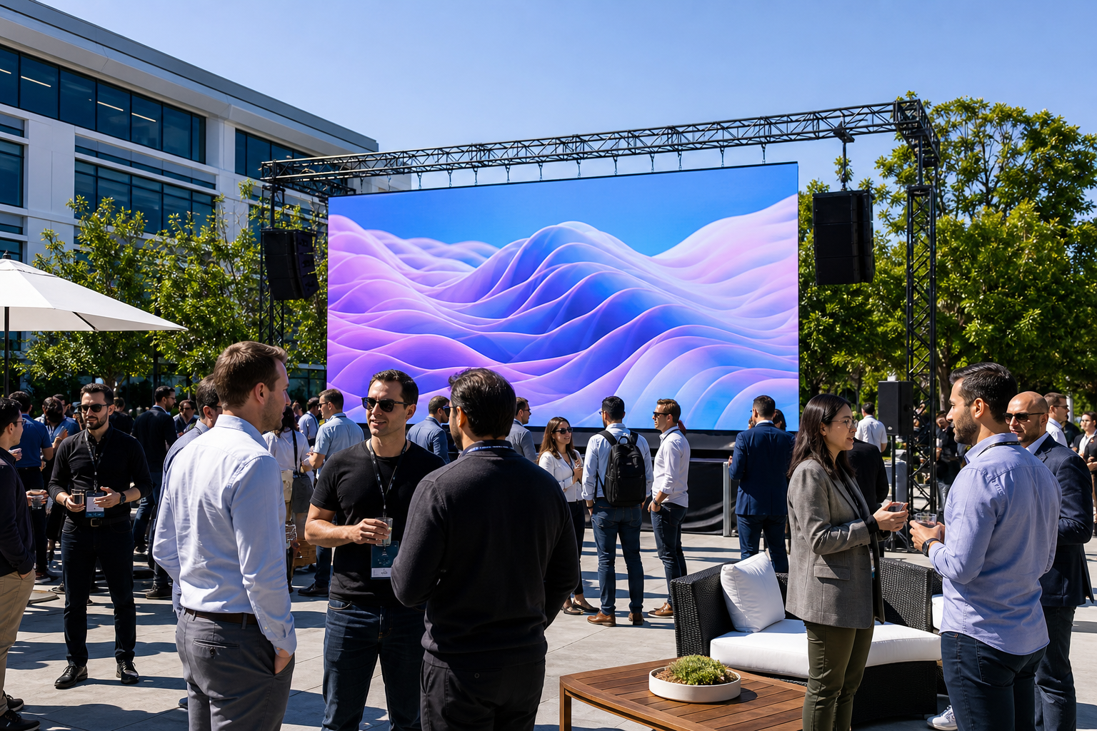 Outdoor LED screen setup at Sunnyvale tech event with high brightness panels